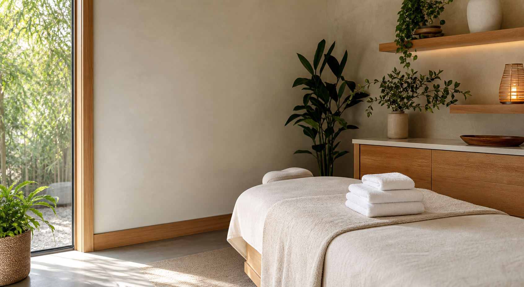 Calm wellness room with folded towels and natural light